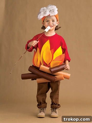 Child wearing a creative DIY Campfire Halloween costume with faux logs and flames