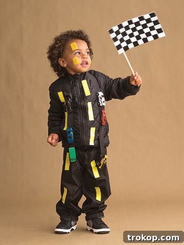 Kids dressed as road racers with checkered flags for a DIY Halloween costume