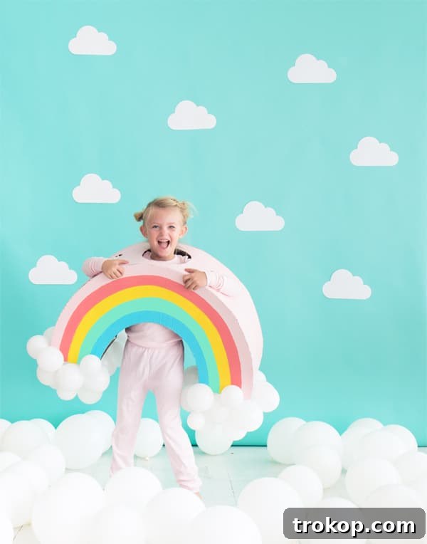 Child in a vibrant DIY Happy Rainbow Halloween costume with white cloud balloons