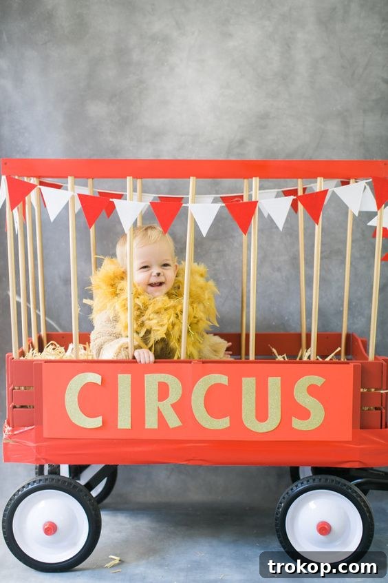 Toddler in a cute Circus Lion DIY Halloween costume with a wagon