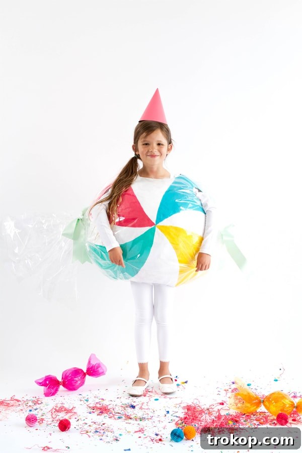 Child dressed as a colorful Bon Bon Candy for a DIY Halloween costume
