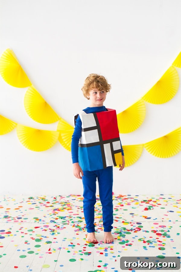 Child dressed as a Mondrian painting for a unique DIY Halloween costume