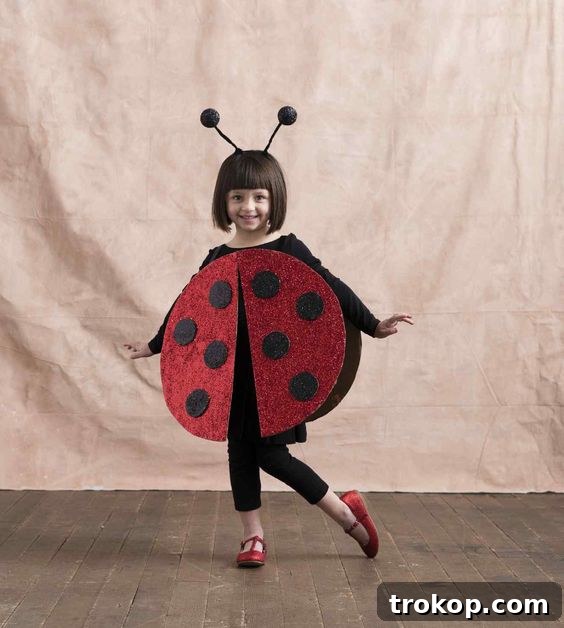 Child dressed in a classic red and black DIY Lucky Ladybug Halloween costume
