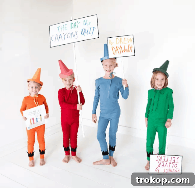 Kids dressed as colorful crayons from 'The Day The Crayons Quit' book, a perfect DIY group Halloween costume
