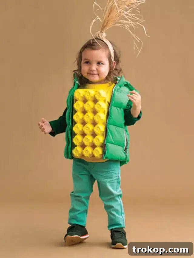 Child in a fun DIY Corn Halloween costume with green husks
