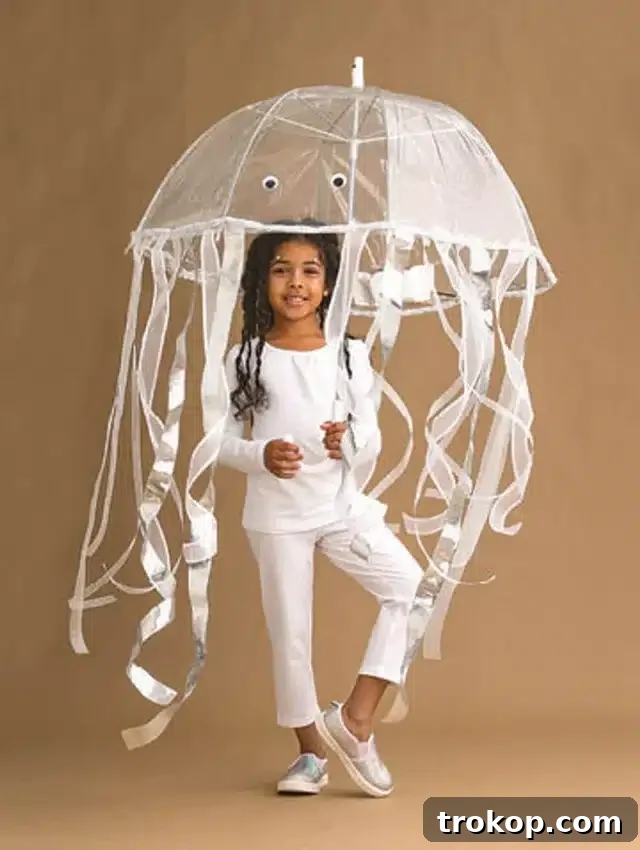 Child in a stunning DIY Jellyfish Halloween costume with flowing ribbons