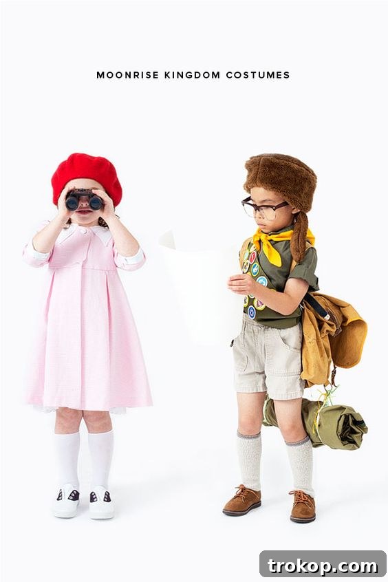 Boy and girl dressed as characters from Wes Anderson's 'Moonrise Kingdom' for Halloween