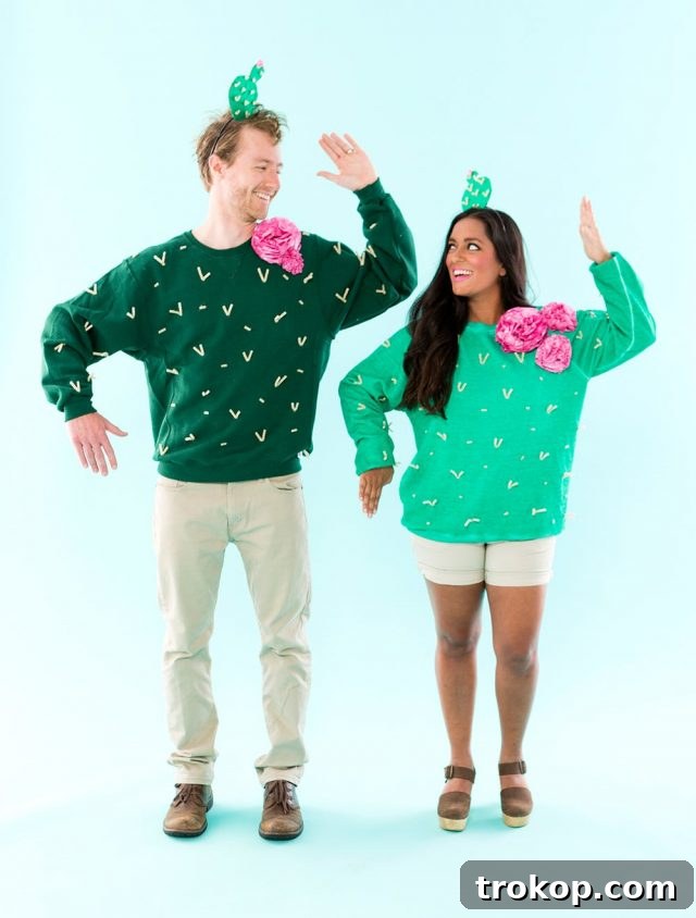 41 Handmade Halloween Costumes for Dynamic Duos 12 Man and woman dressed as cute cacti for an easy DIY couples costume.