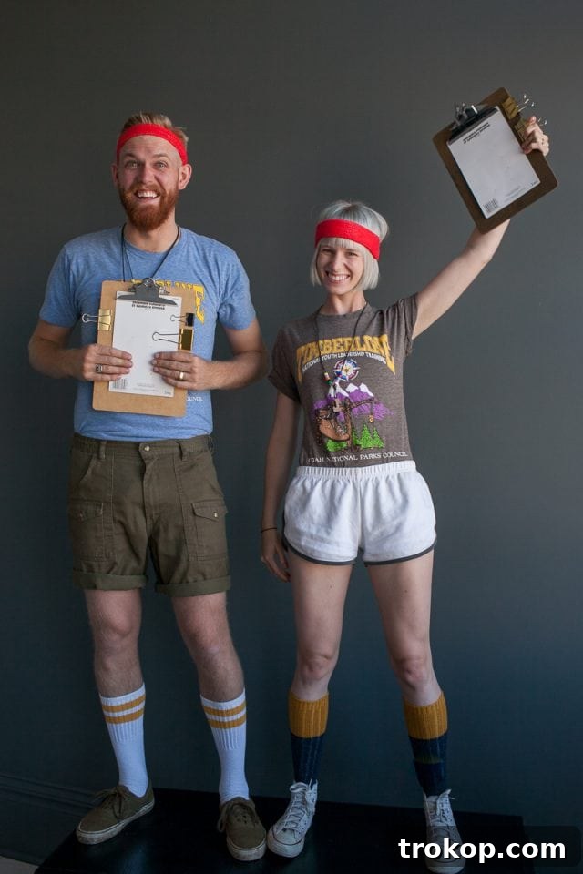 41 Handmade Halloween Costumes for Dynamic Duos 13 Man and woman dressed as nostalgic camp counselors for a DIY couples costume.