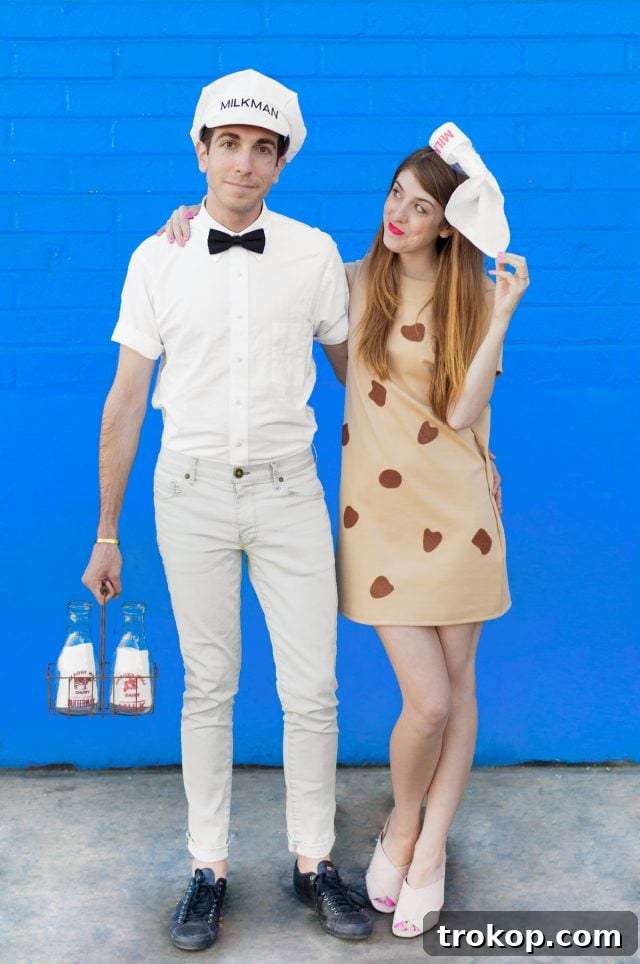 41 Handmade Halloween Costumes for Dynamic Duos 15 Man and woman dressed as a milkman and a cookie for a sweet DIY couples costume.