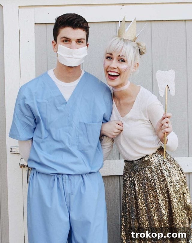 41 Handmade Halloween Costumes for Dynamic Duos 19 Man and woman dressed as a dentist and a tooth fairy for a funny DIY couples costume.