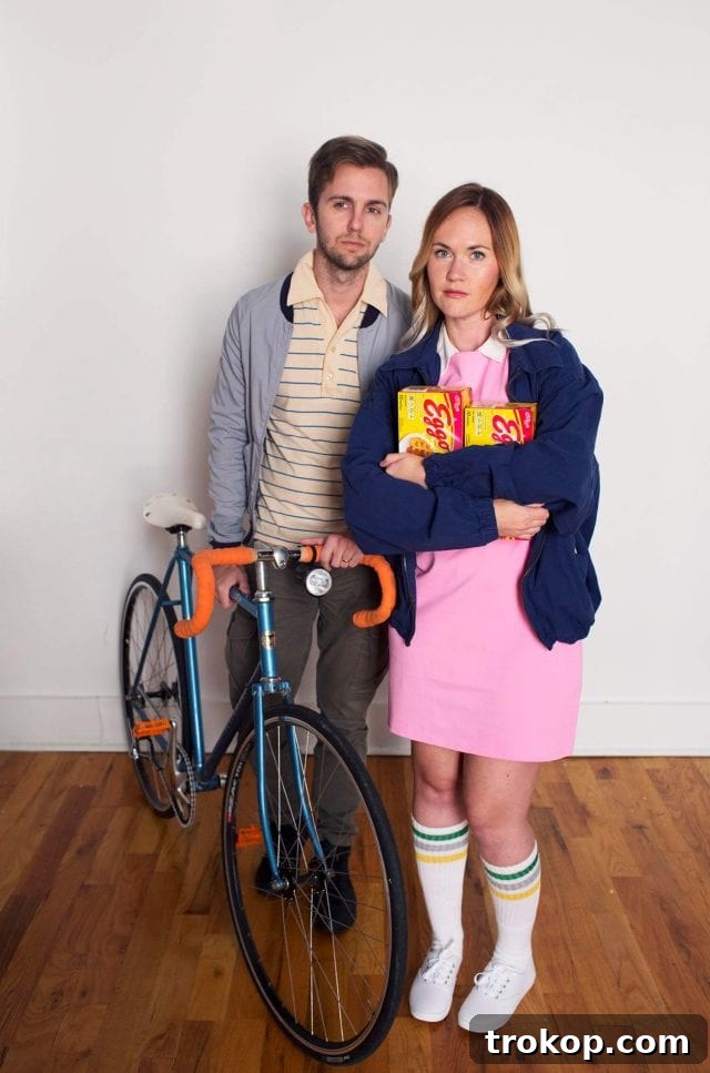 41 Handmade Halloween Costumes for Dynamic Duos 22 Man and woman dressed as Mike and Eleven from Stranger Things for a DIY couples costume.