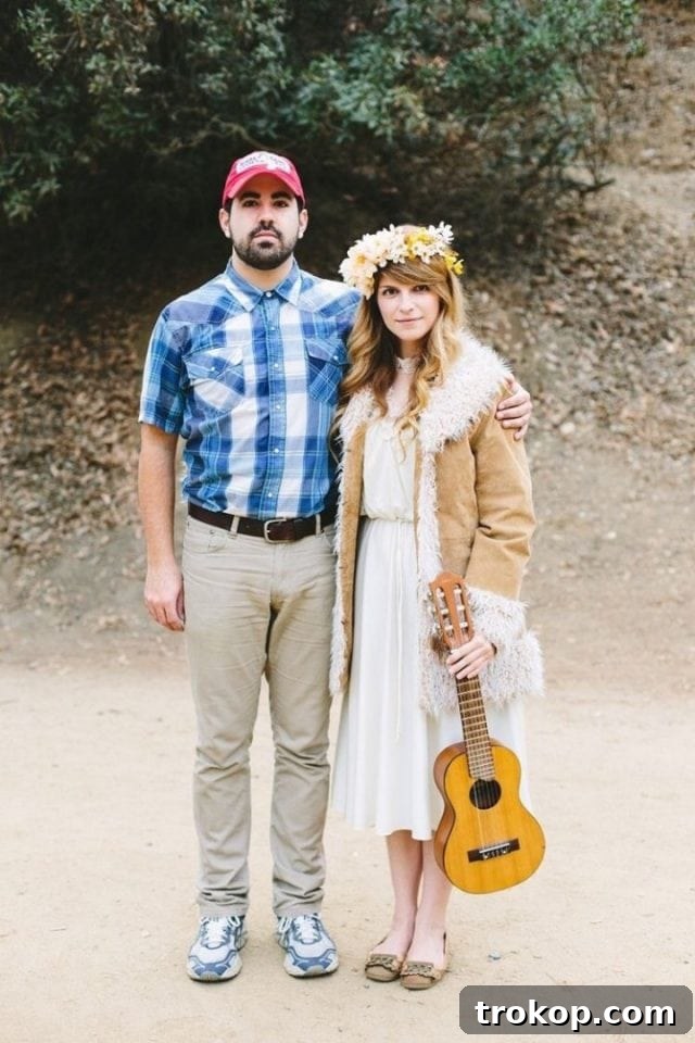41 Handmade Halloween Costumes for Dynamic Duos 23 Man and woman dressed as Forrest Gump and Jenny Curran for a DIY couples costume, inspired by the classic film.