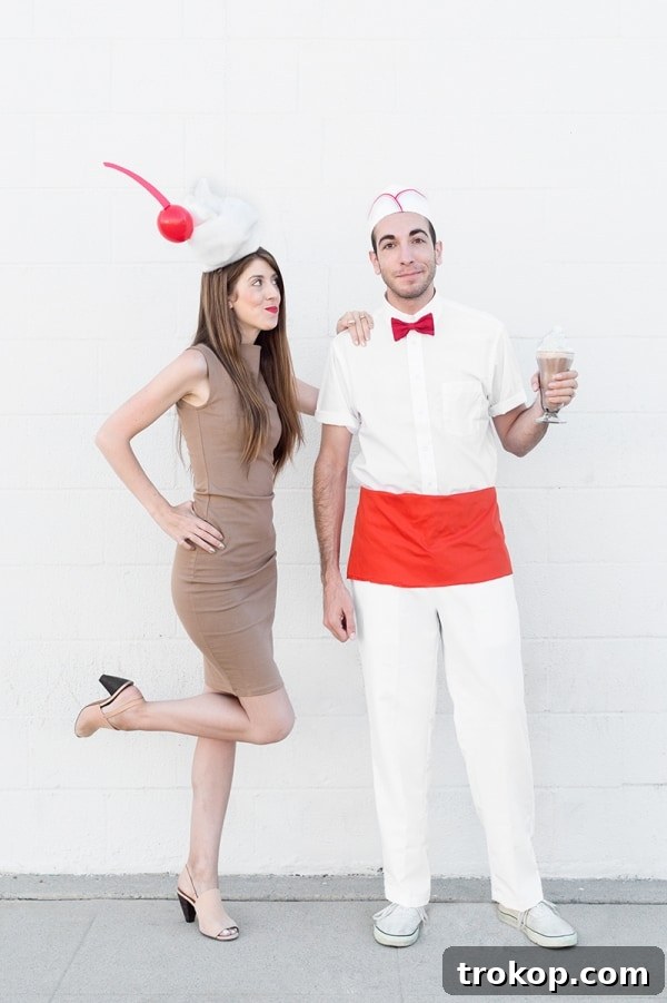 41 Handmade Halloween Costumes for Dynamic Duos 24 Man and woman dressed as a milkshake and a soda jerk for a cute DIY couples costume.