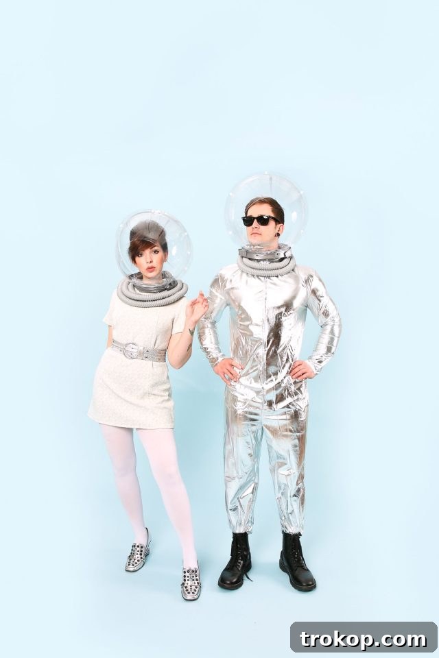 41 Handmade Halloween Costumes for Dynamic Duos 25 Man and woman dressed as retro Tomorrowland space age characters for a DIY couples costume.