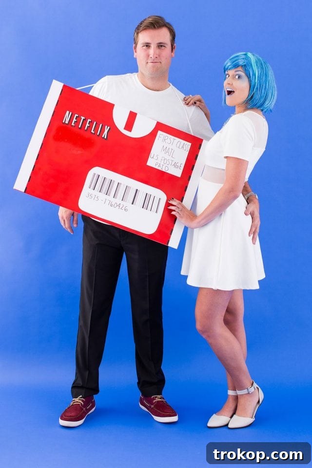 41 Handmade Halloween Costumes for Dynamic Duos 4 Man and woman in a DIY couples costume depicting 'Netflix and Chill' concept.