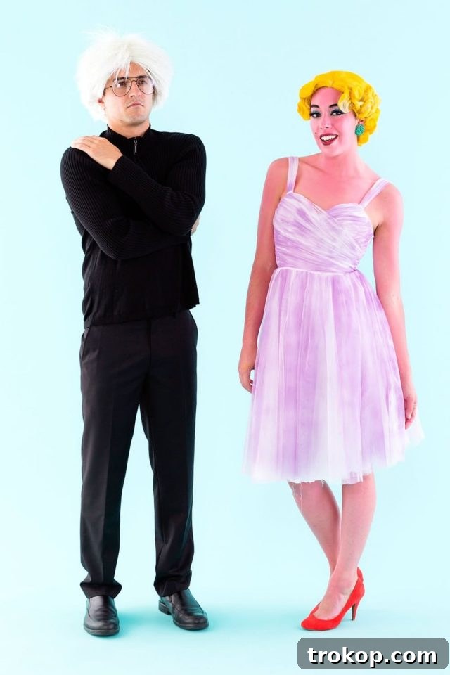 41 Handmade Halloween Costumes for Dynamic Duos 32 Man and woman dressed as Andy Warhol and a pop art Marilyn Monroe painting for a creative DIY couples costume.