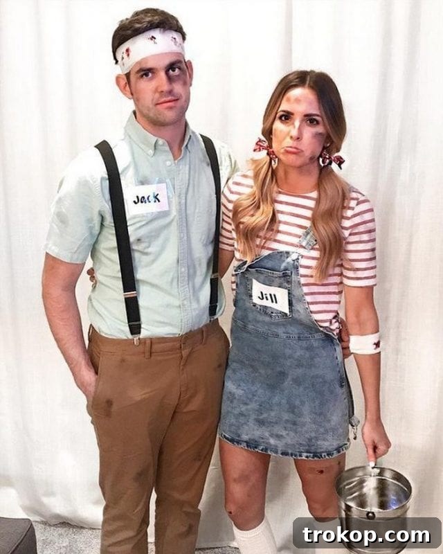 41 Handmade Halloween Costumes for Dynamic Duos 33 Man and woman dressed as Jack and Jill for a simple DIY couples costume from the nursery rhyme.