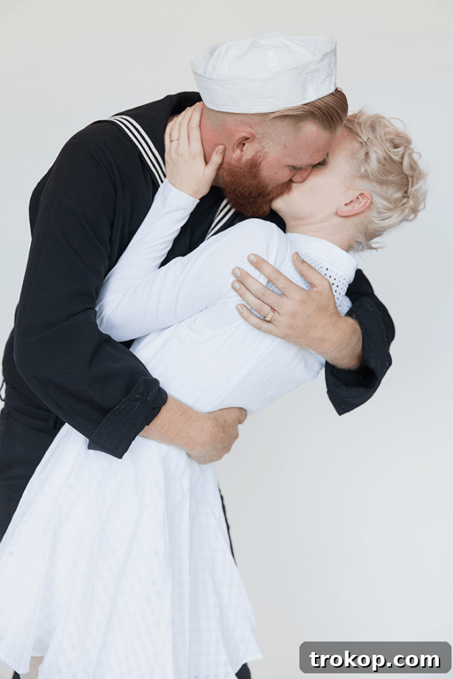 41 Handmade Halloween Costumes for Dynamic Duos 34 Man and woman recreating the famous 'Kissing Sailor' photograph for a romantic DIY couples costume.