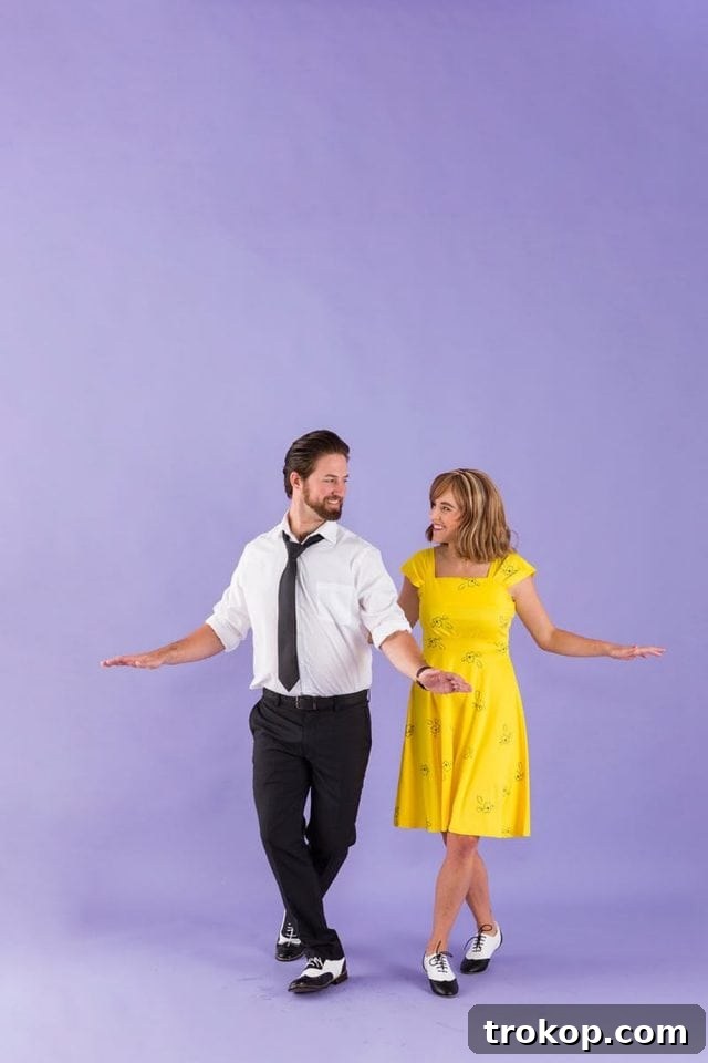 41 Handmade Halloween Costumes for Dynamic Duos 35 Man and woman dressed as characters from the film La La Land for a musical DIY couples costume.