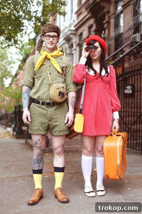 41 Handmade Halloween Costumes for Dynamic Duos 37 Man and woman dressed as characters from Wes Anderson's Moonrise Kingdom for a unique DIY couples costume.