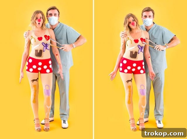 41 Handmade Halloween Costumes for Dynamic Duos 38 Man and woman dressed as the doctor and patient from The Game of Operation for a nostalgic DIY couples costume.