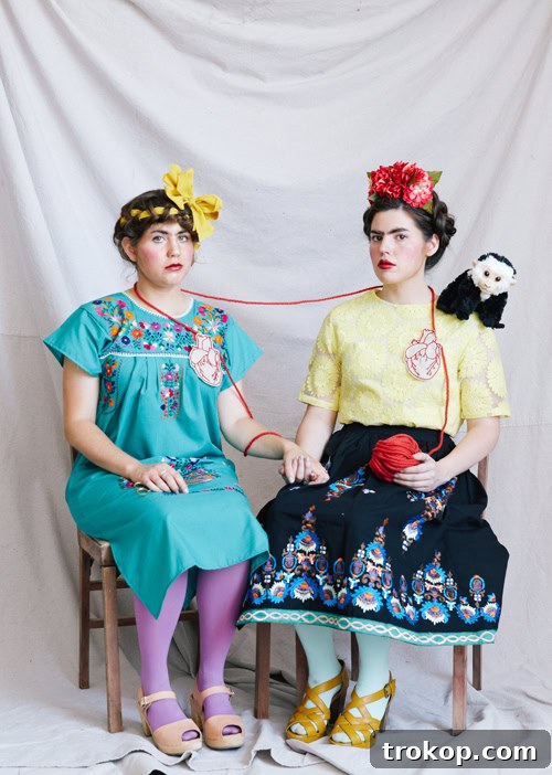 41 Handmade Halloween Costumes for Dynamic Duos 5 Two individuals dressed in creative Frida Kahlo costumes, inspired by her famous self-portraits.