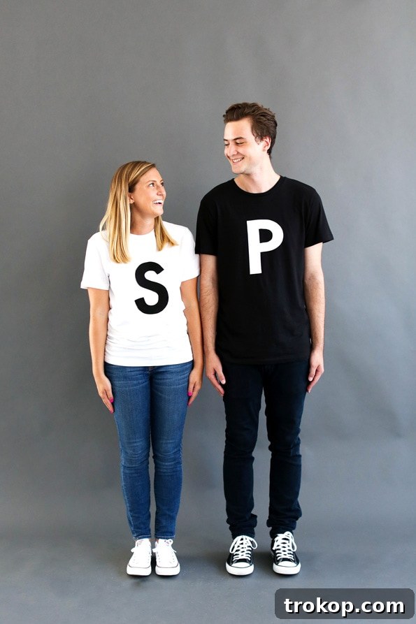 41 Handmade Halloween Costumes for Dynamic Duos 43 Man and woman dressed as salt and pepper shakers for a simple DIY couples costume.