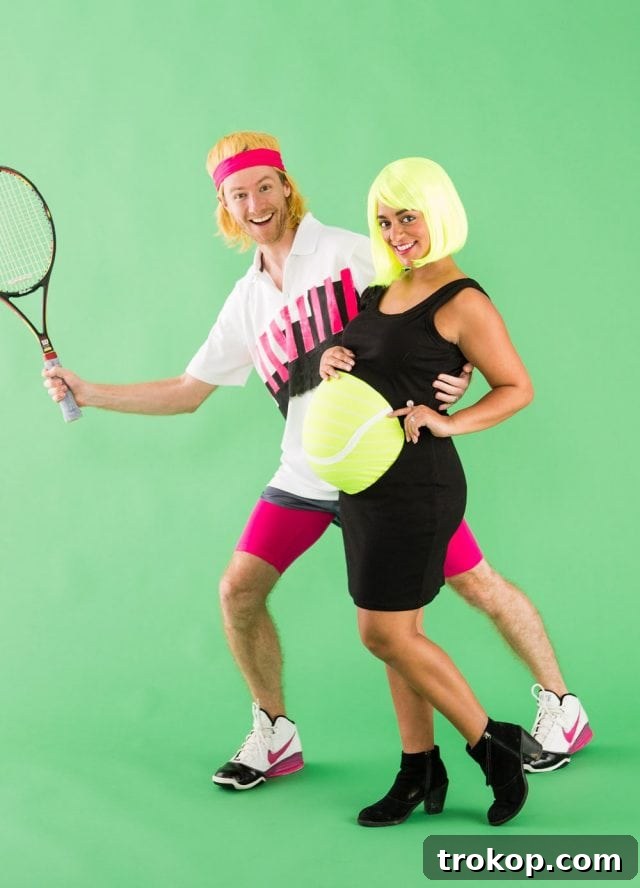 41 Handmade Halloween Costumes for Dynamic Duos 7 Man dressed as 80s Andre Agassi and pregnant woman as a tennis ball for a DIY couples costume.