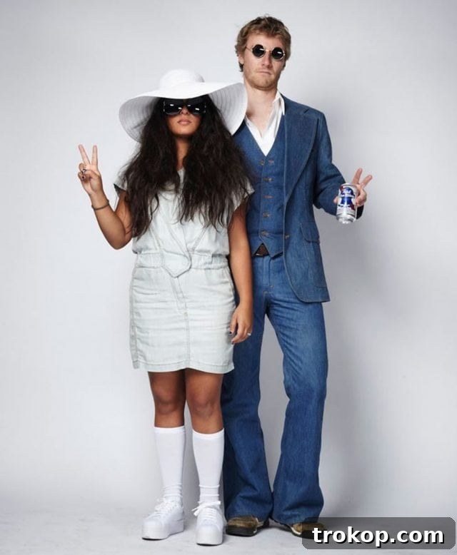 41 Handmade Halloween Costumes for Dynamic Duos 8 Man and woman dressed as iconic John Lennon and Yoko Ono for a DIY couples costume.