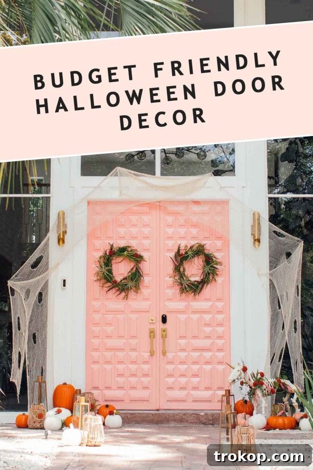 Whimsical Halloween Door Decorating Ideas 2 A charming and budget-friendly Halloween front door decoration with pumpkins and eerie cloth
