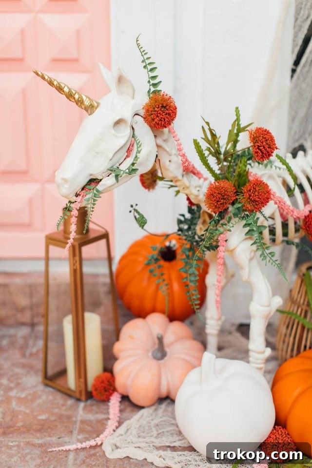 Whimsical Halloween Door Decorating Ideas 11 A stylish Halloween front door decor featuring a unicorn skeleton and other festive elements