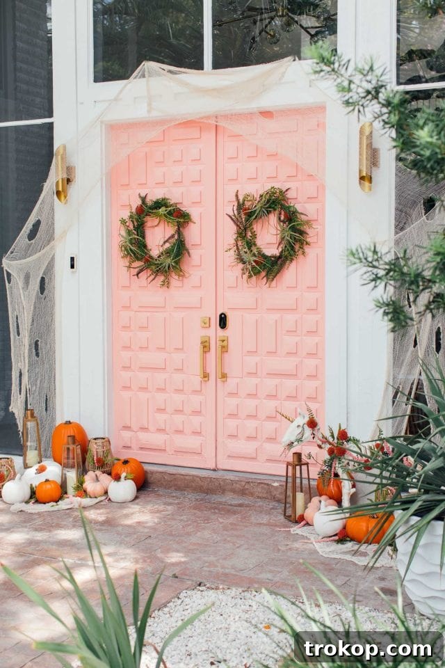 Whimsical Halloween Door Decorating Ideas 13 A beautiful pink door adorned with elegant and not-so-spooky Halloween decorations, featuring pumpkins and draped cloth