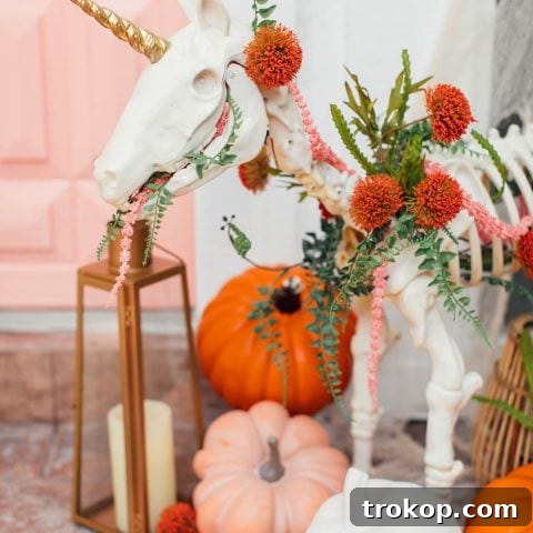 Whimsical Halloween Door Decorating Ideas 16 photo of a unicorn skeleton and halloween front door decor