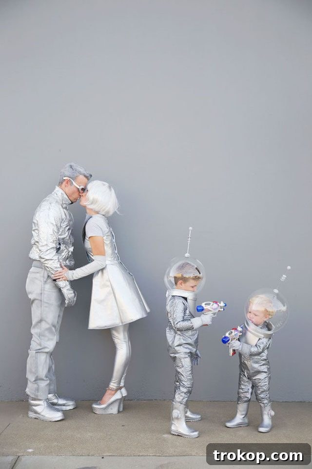 40 Spooktacular Family Halloween Costume Ideas 16 A family of four dressed in vibrant, retro-inspired DIY space Halloween costumes, evoking a sense of nostalgic adventure.