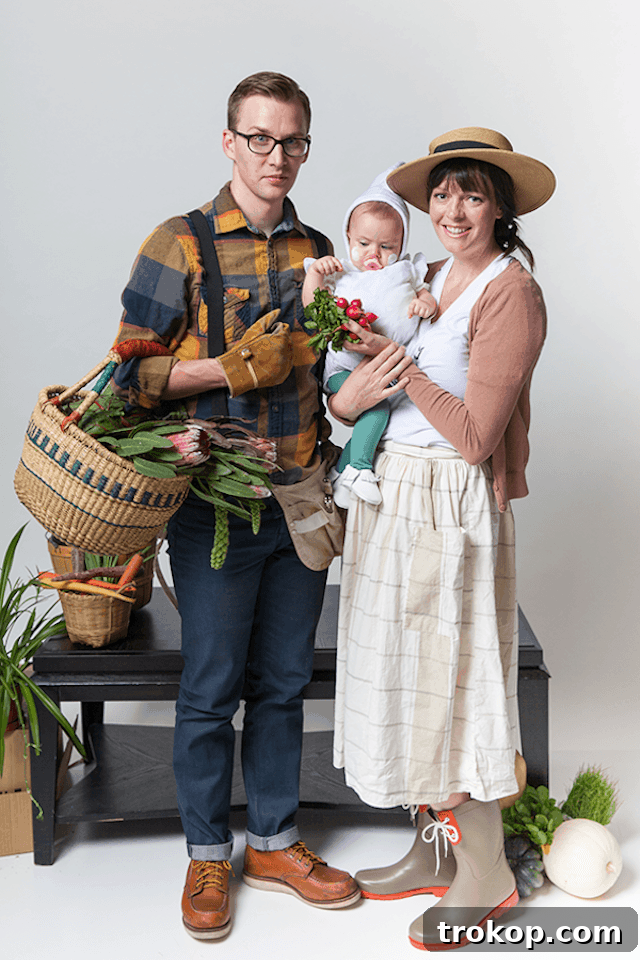 40 Spooktacular Family Halloween Costume Ideas 21 Parents dressed as gardeners, proudly holding their baby dressed in an adorable garlic bulb costume for Halloween.