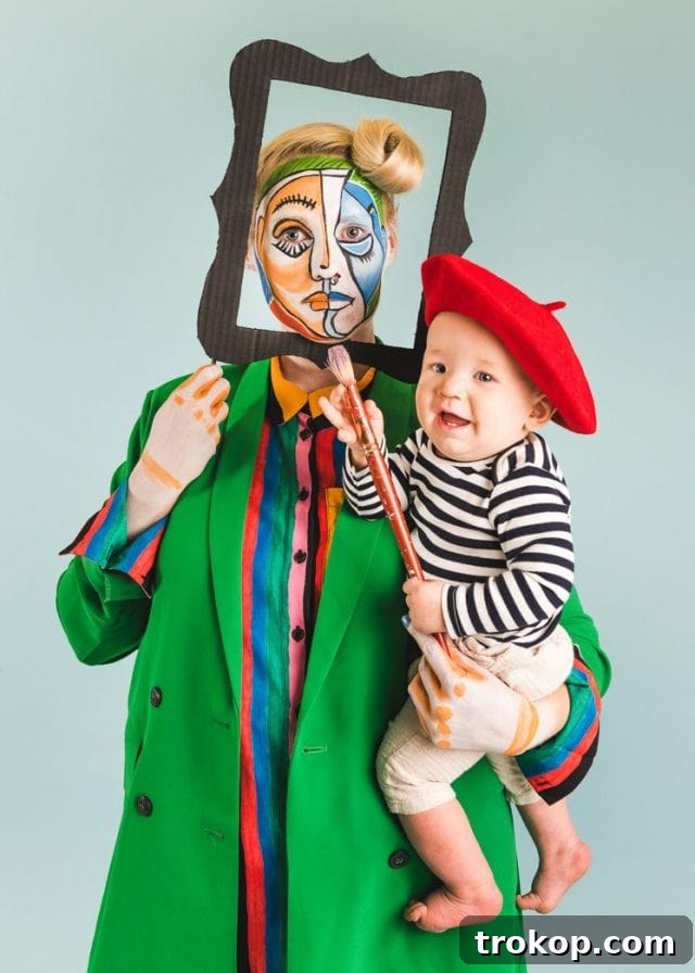 40 Spooktacular Family Halloween Costume Ideas 25 A creative mother holding her young child dressed as Baby Picasso, while she herself is a walking masterpiece painting.