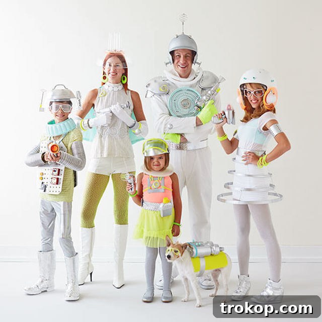 40 Spooktacular Family Halloween Costume Ideas 27 A family, including their dog, dressed in innovative futuristic space explorer costumes made from recycled materials.
