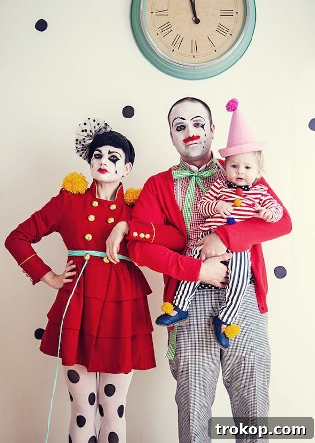 40 Spooktacular Family Halloween Costume Ideas 9 A family dressed in whimsical, vintage-inspired clown Halloween costumes with colorful pom-poms and polka dots.