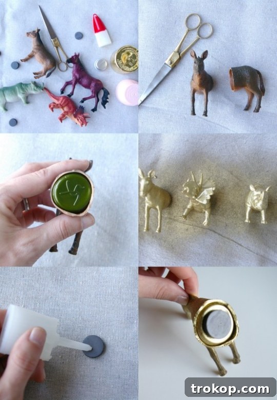 Materials for DIY plastic animal magnets: plastic animals, caps, glue, spray paint, magnets, scissors