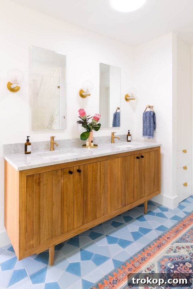 Lakeside Bathroom Reimagined: A Stunning Makeover 3 photo of a teak modern vanity in the a master bathroom remodel