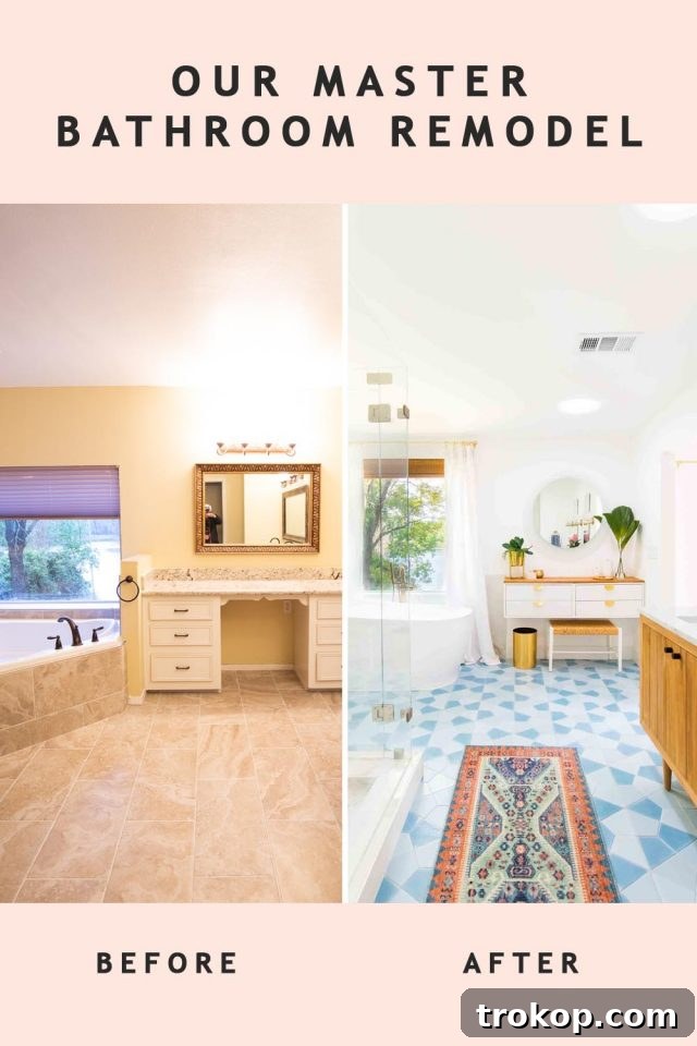 photo of a before and after of a master bathroom remodel