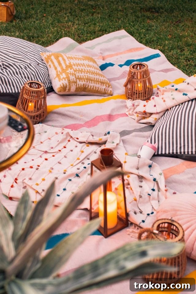 Crafting the Perfect Outdoor Movie Night Experience 9 A beautifully decorated outdoor movie night scene with string lights, blankets, and popcorn