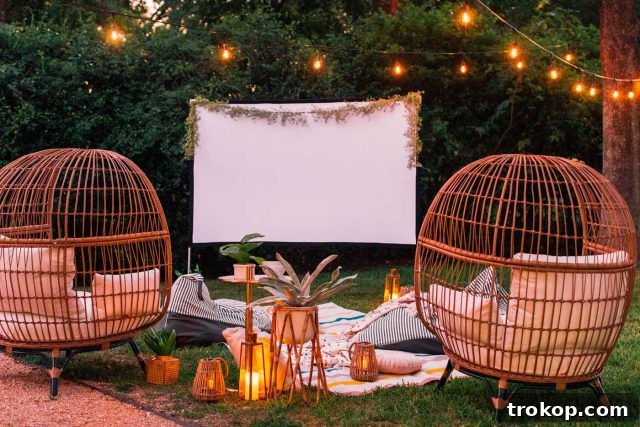Crafting the Perfect Outdoor Movie Night Experience 10 Close-up of a projector screen displaying a movie outdoors, surrounded by ambient lights