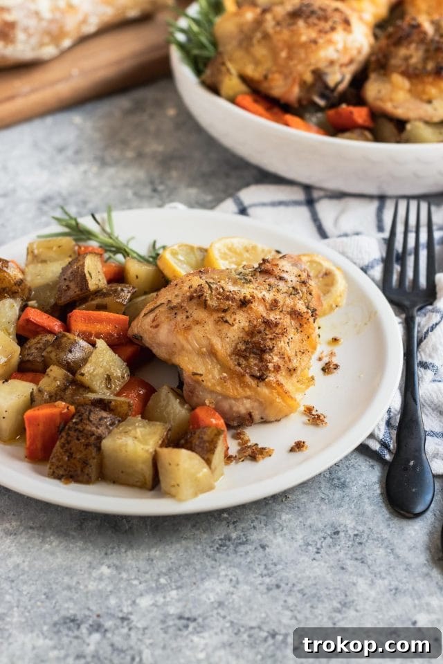 Easy One Pan Lemon Rosemary Chicken 8 Photo of perfectly baked lemon rosemary chicken and roasted vegetables in a sheet pan, ready to serve
