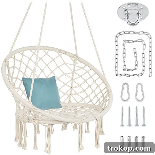 Best Choice Products Macramé Hanging Chair, Handwoven Cotton Hammock Swing for Indoor & Outdoor Use w/Mounting Hardware, Backrest, 265lb Capacity - Beige Best Choice Products Macramé Hanging Chair, Handwoven Cotton Hammock Swing for Indoor & Outdoor Use w/Mounting Hardware, Backrest, 265lb Capacity - Beige