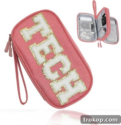 56 Gifts Girls Will Absolutely Adore 4 COSHAYSOO Electronic Accessories Organizer Bag Cable Cord Charger Carrying Pouch with Preppy Chenille Letter Patch TECH, Business Travel Gadget Small Storage Case Essential for Women Teen Girl (Pink)