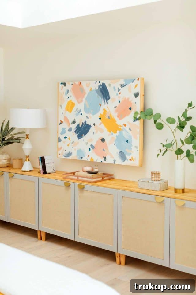 DIY Rattan IKEA TV Stand in a stylish bedroom setting