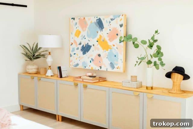 Easy DIY IKEA TV Stand showcasing rattan details