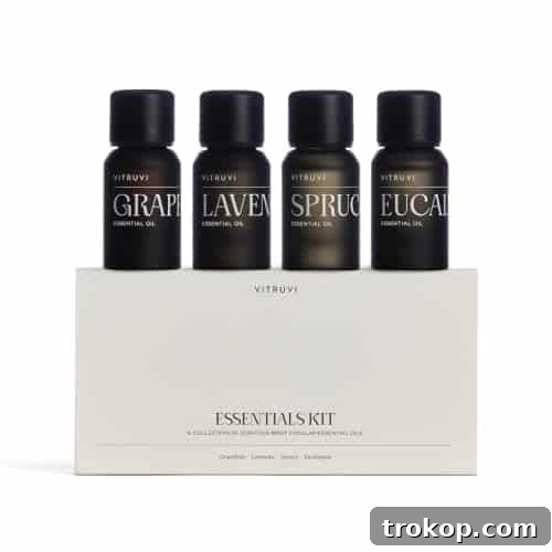 Vitruvi Essentials Kit, Essential Oil Starter Kit, 100% Pure Lavender, Eucalyptus, Grapefruit, Spruce, Essential Oil Set | Essential Oils for Diffusers Aromatherapy 4X 10ml (0.3 fl.oz), 4 Count Vitruvi Essentials Kit, Essential Oil Starter Kit, 100% Pure Lavender, Eucalyptus, Grapefruit, Spruce, Essential Oil Set | Essential Oils for Diffusers Aromatherapy 4X 10ml (0.3 fl.oz), 4 Count